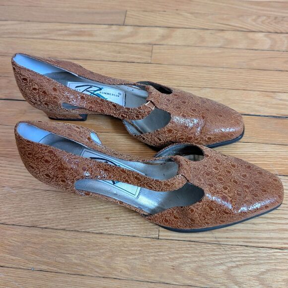 Vintage 70s Ros Hommerson Leather Shoes T-Strap Brown Dancing Heels Croc Size 6 - Picture 12 of 12